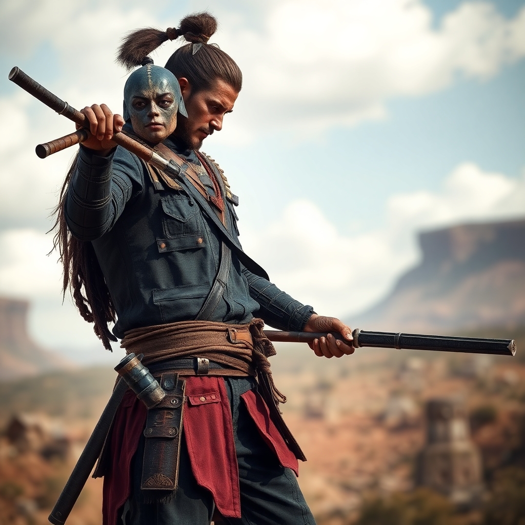 photo realistic post apocalyptic warrior that is like a cowboy and samurai mix