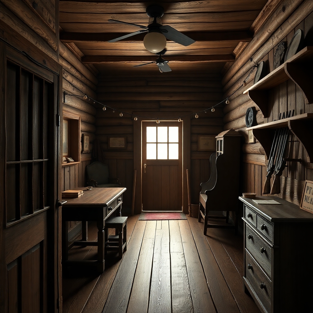 a photorealistic picture inside an old wild west sheriff's jail seeing the jail cell and his desk and gun rack
