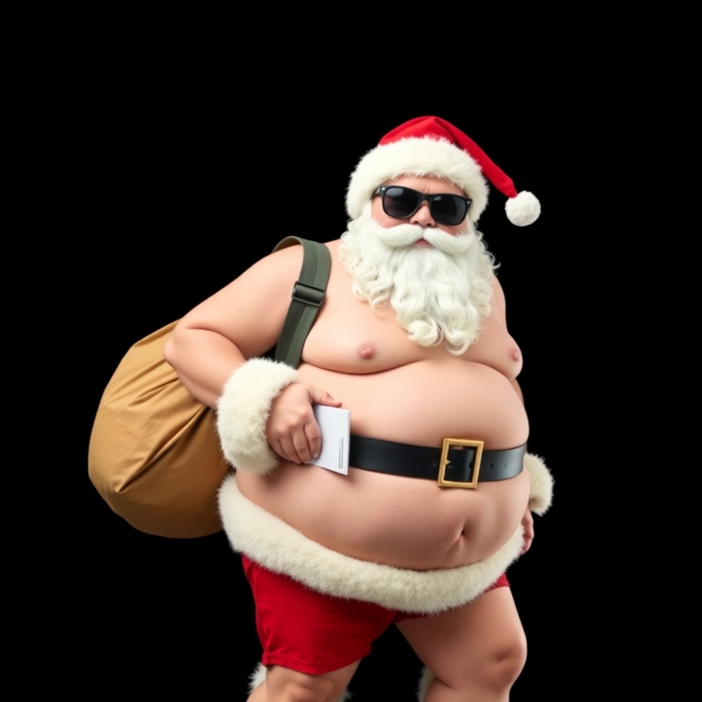 please create an image of a fat Santa Claus in a bathing suit wearing dark sunglasses and carrying a large bag of mail against a  flat black background