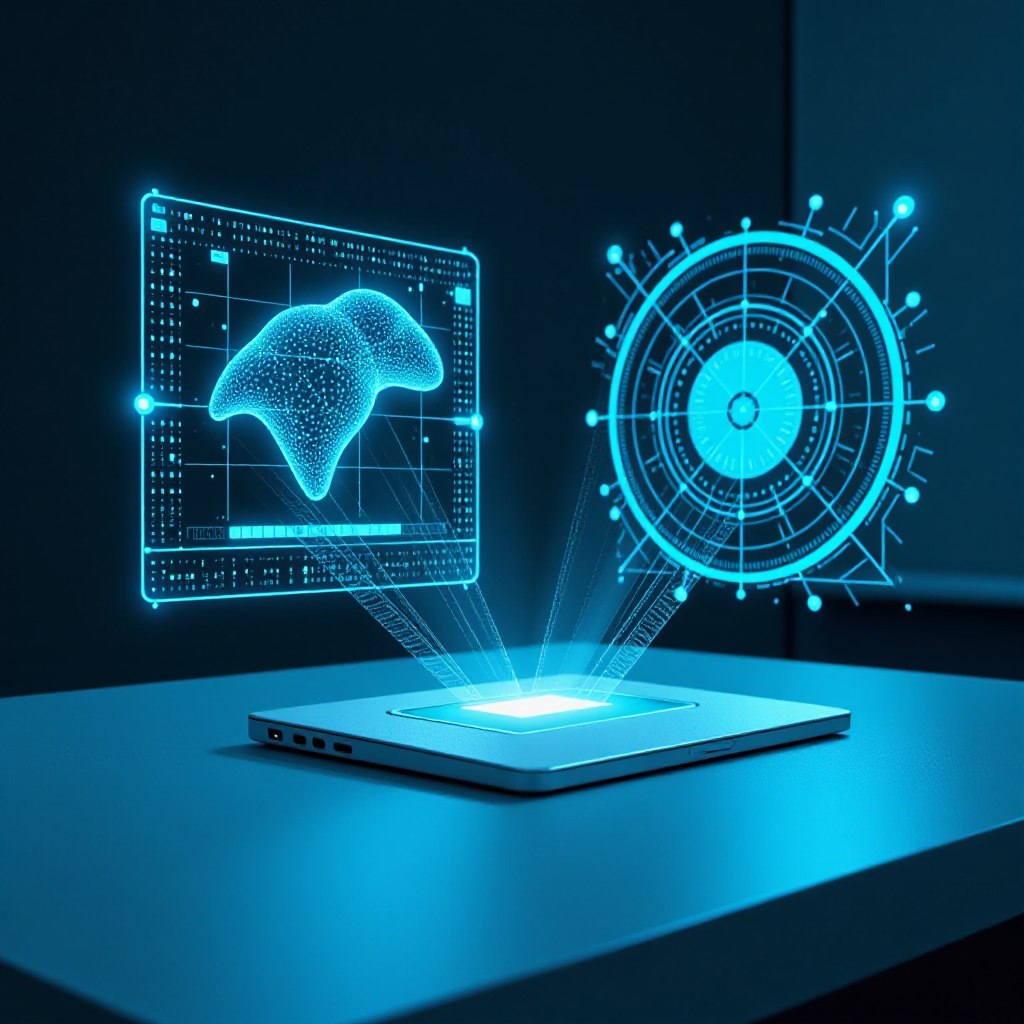 A futuristic digital workspace with holographic AI interface projections, minimalist clean desk, cool blue and teal color palette, soft light reflections, subtle tech grid background, perfect for a digital product eBook cover