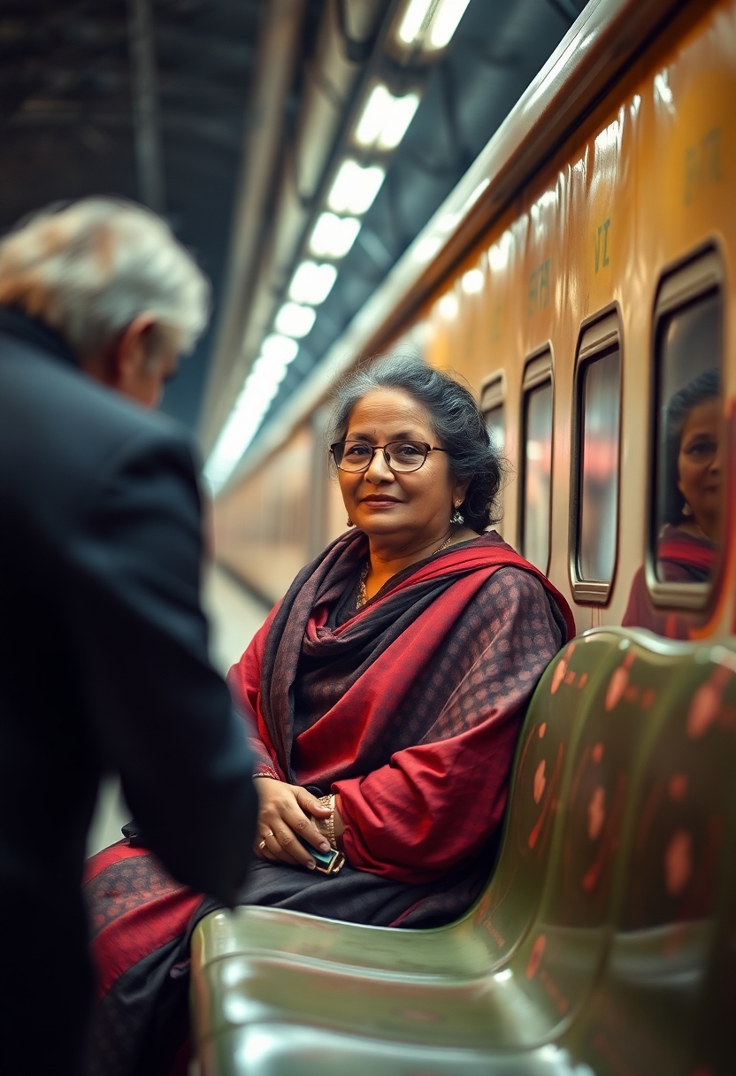 Bollywood actress Madhuri dixit like looks of a lady aged around 60 Years is waiting for a train at old Delhi Metro platform, when a young business exeutive offers her a seat as a courtsey,