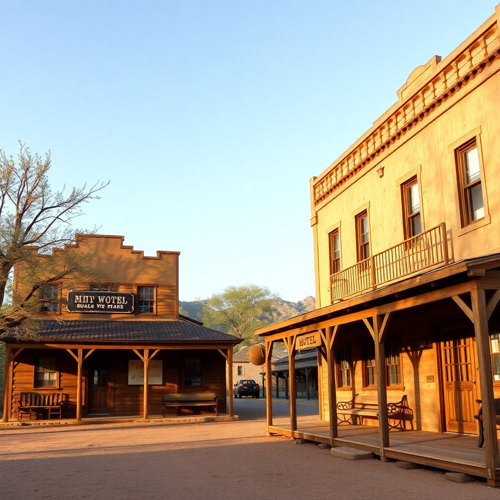 a photorealistic picture of an old wild west Hotel building close on the front porch