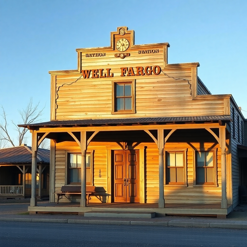a photorealistic picture of an old wild west wells fargo station building close on the front porch