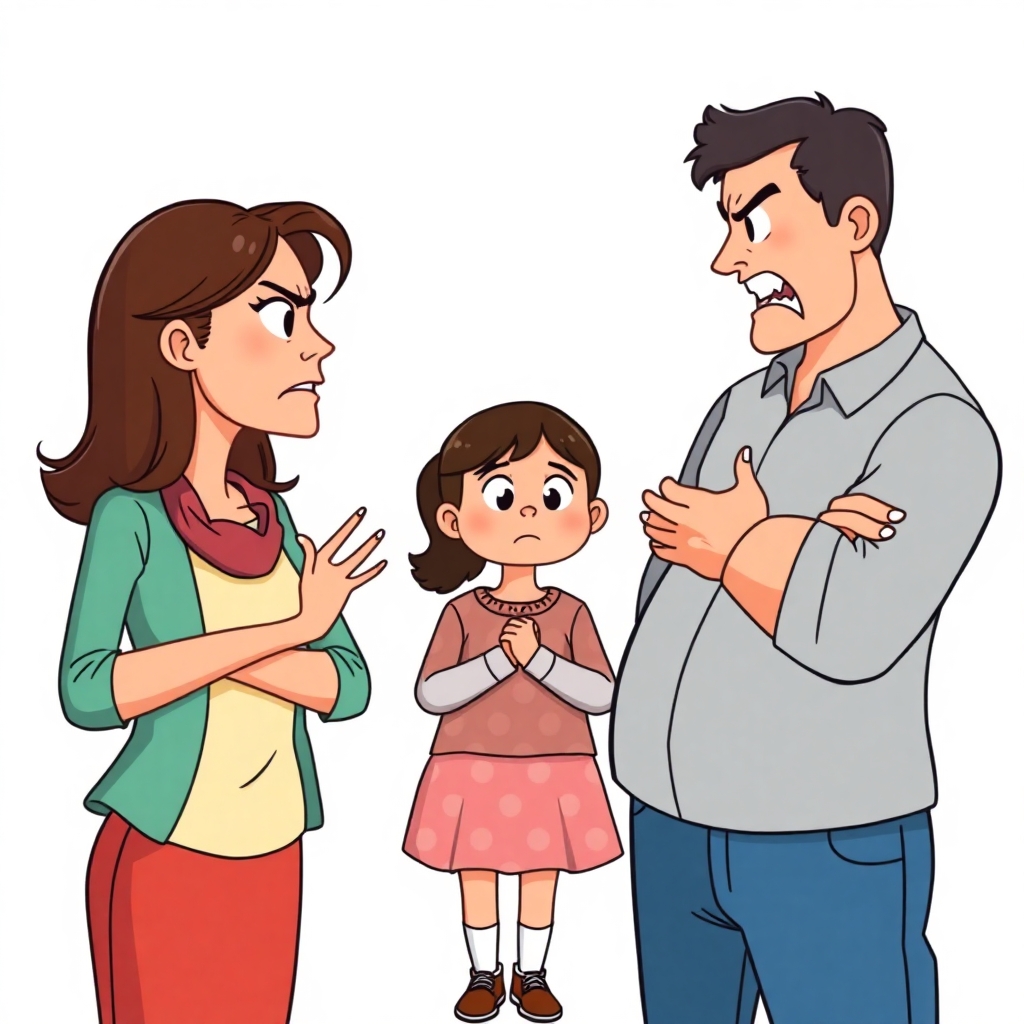 please create an image of a realistic mother and father arguing with their 8 year old daughter standing between them. Not cartoons. The adults appear angry with angry gestures. the child appears scared. flat white background.