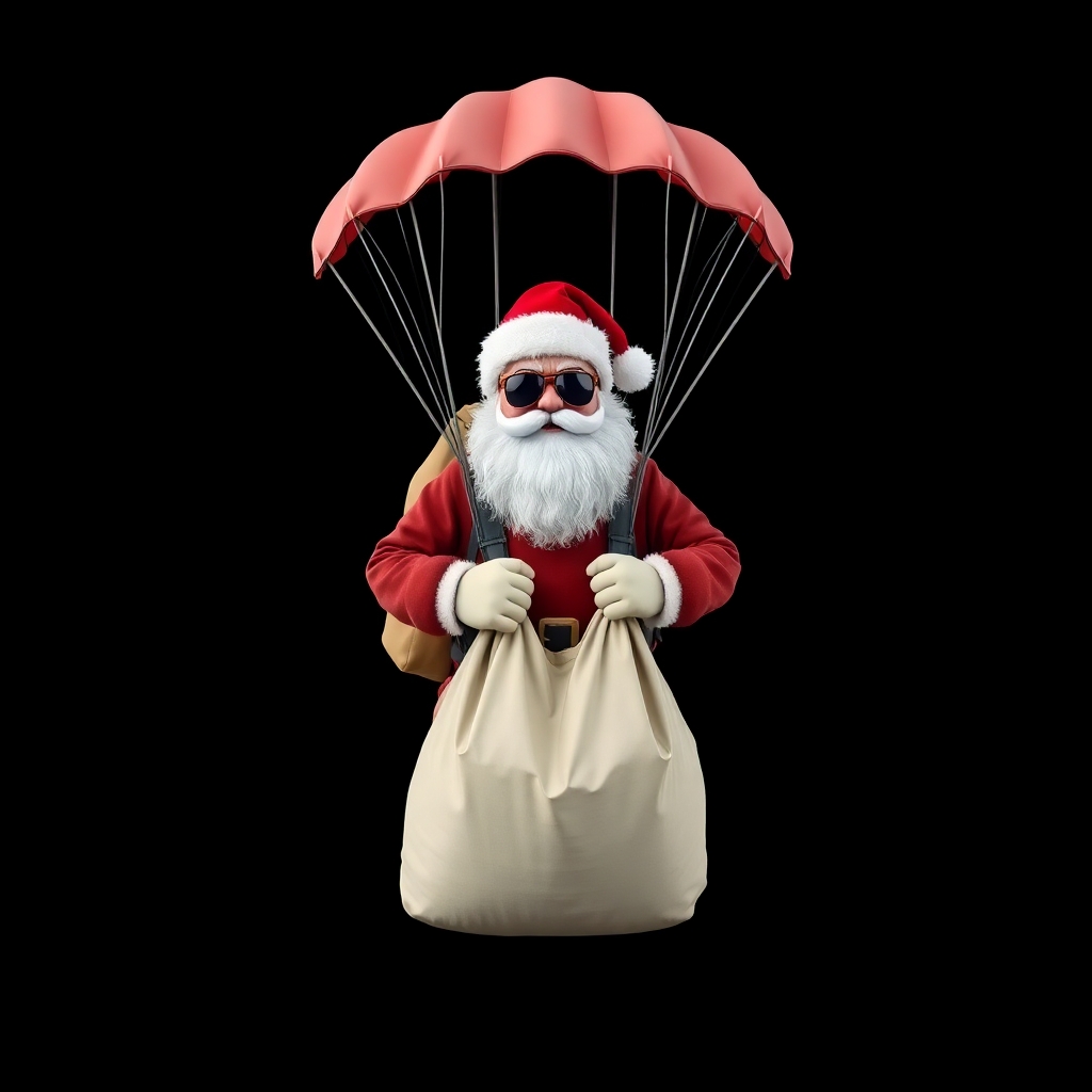 please create an image of Santa Claus parachuting and carrying a large bag of mail facing forward wearing dark sunglasses against a  flat black background