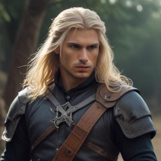 male ranger wearing medieval clothing, long blonde hair, holding a medieval sword "not armor"