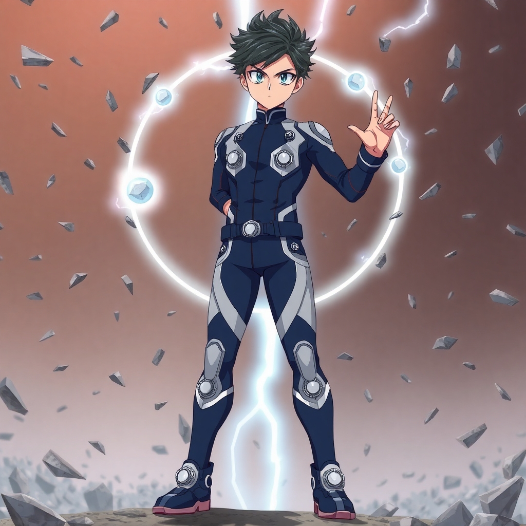 Full-body anime character of a well-composed teenage boy with sharp silver eyes and slicked-back black hair. He wears a sleek navy-blue and silver bodysuit with circular magnetic emitters embedded in his palms, boots, and belt. Floating shards of metal orbit him in controlled formation. He stands tall, one hand raised to manipulate the field, with a confident, cold stare. Background is metallic debris suspended midair. Style of My Hero Academia, clean and futuristic, with magnetic energy arcs