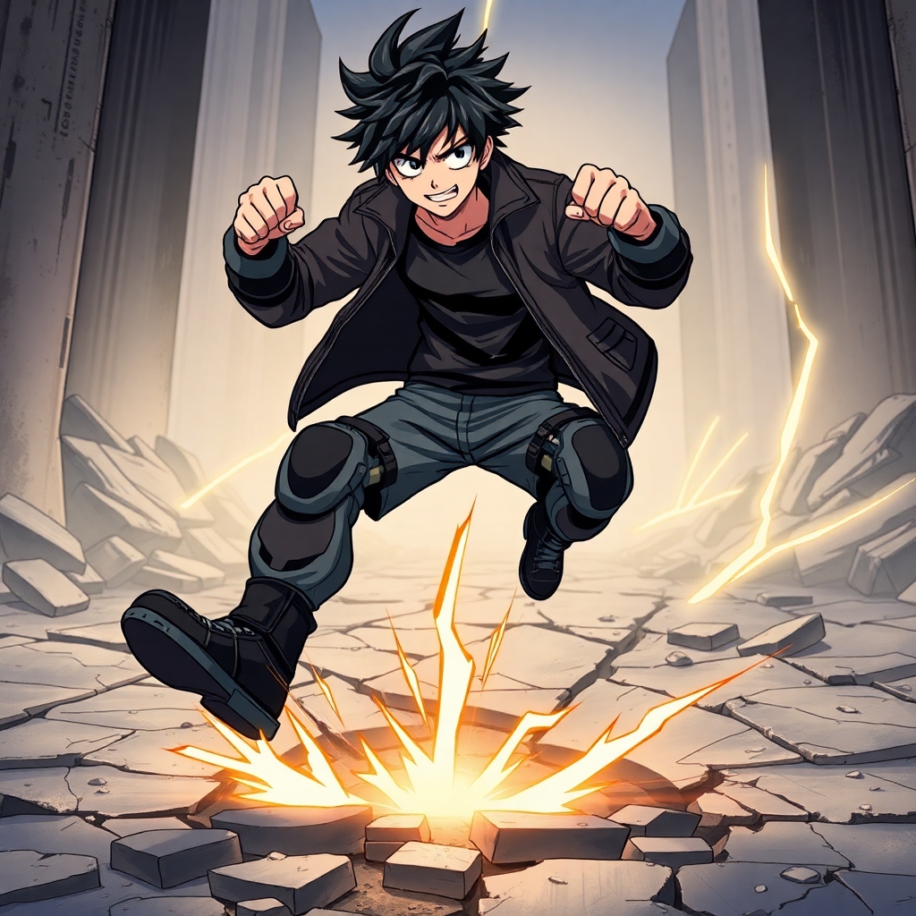 Full-body anime-style character of a rebellious teenage boy with messy black hair and cocky attitude. He wears reinforced street-style combat pants with seismic pads on his knees and boots. His jacket is open, sleeves rolled up, fists clenched. Cracks run through the ground under his feet as he slams one foot down. Background includes urban rubble and broken pavement radiating from his stance. Style of My Hero Academia, explosive and grounded, with gritty detail and motion emphasis