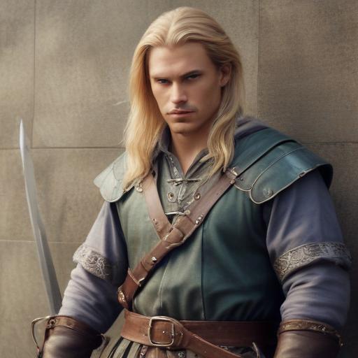 male ranger wearing medieval clothing, long blonde hair, holding a medieval sword