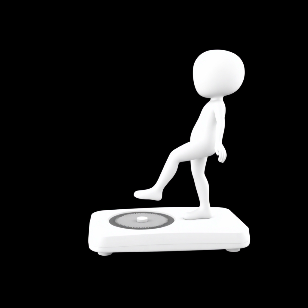 please draw a minimalist white-on-white 3d character being weighed on a medical scale. she has one foot off the scale to make herself appear to weigh less. Flat black background. no facial features. no elaboration or details.
