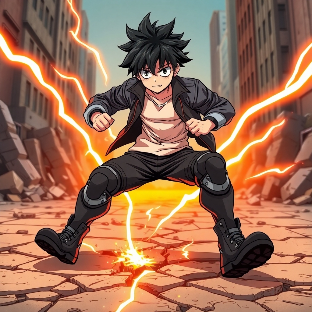 Full-body anime-style character of a rebellious teenage boy with messy black hair and cocky attitude. He wears reinforced street-style combat pants with seismic pads on his knees and boots. His jacket is open, sleeves rolled up, fists clenched. Cracks run through the ground under his feet as he slams one foot down. Background includes urban rubble and broken pavement radiating from his stance. Style of My Hero Academia, explosive and grounded, with gritty detail and motion emphasis