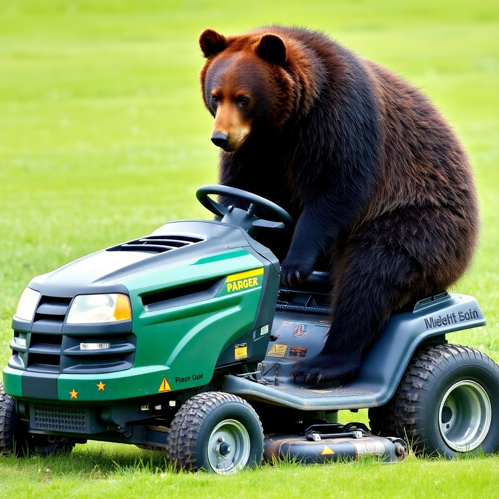 Bear on a riding lawn mower.
