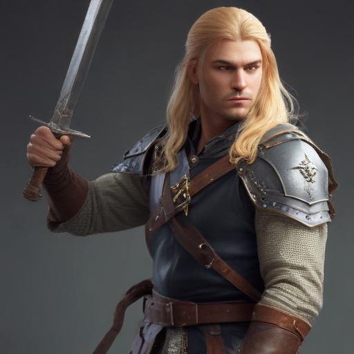 male ranger wearing medieval clothing, long blonde hair, holding a medieval sword "not armor"