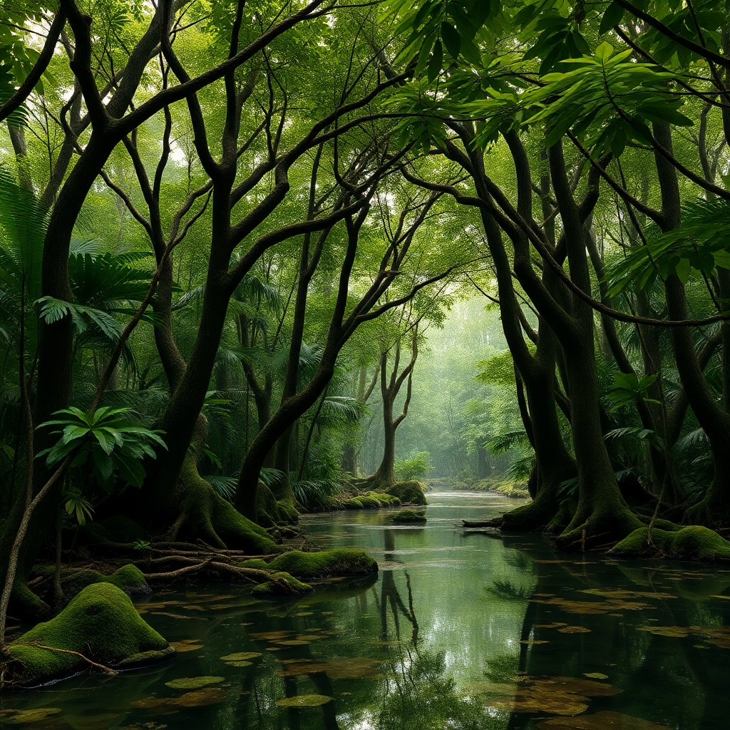 a photorealistic picture of a prehistoric jungle with full leafy trees and water on the groundand with no dinosaurs