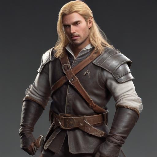male ranger wearing medieval clothing, long blonde hair, holding a sword